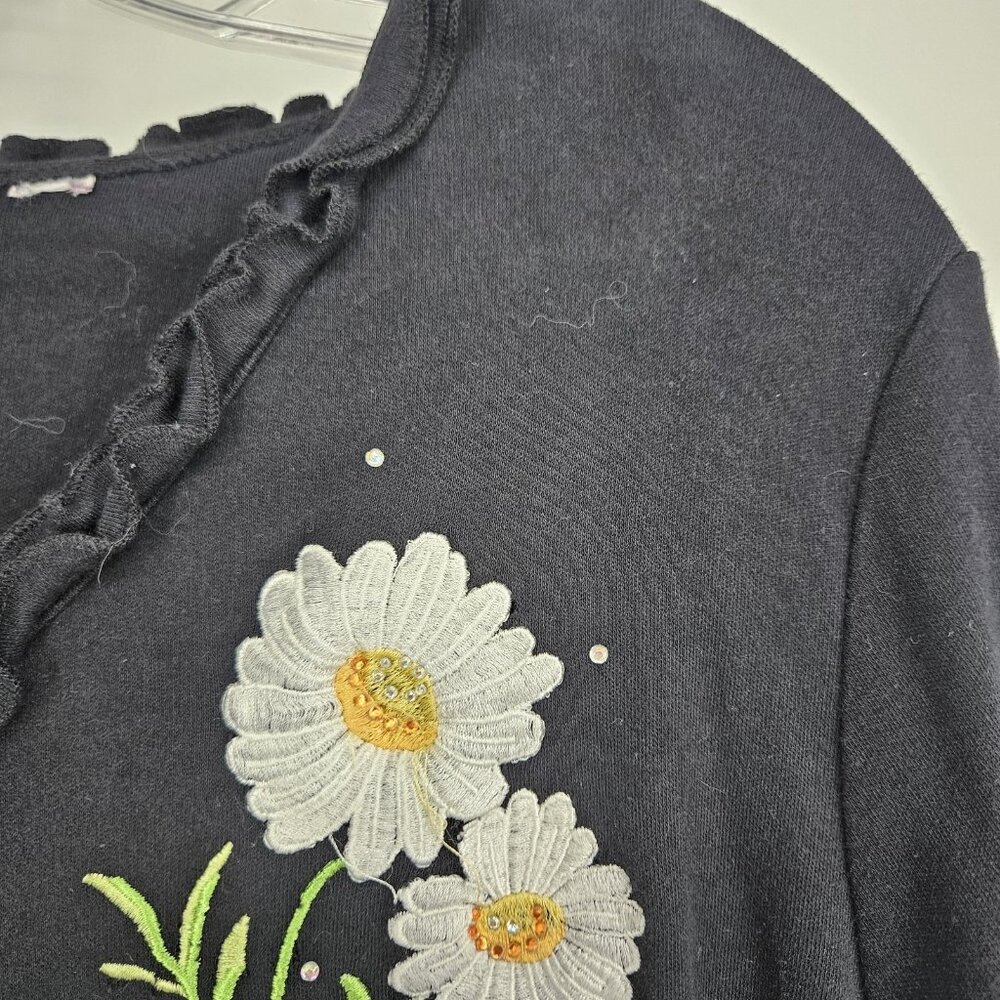 Black Daisy Embroidered Shirt Womens Large Floral Beaded 3/4 Sleeve Tunic Top - Picture 3 of 9
